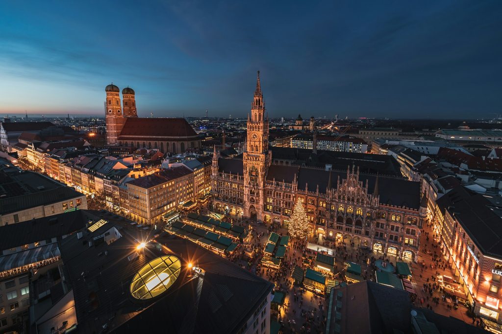 European Christmas market in Munich, Germany at night in November