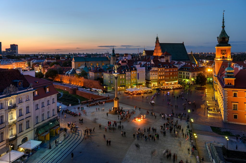 Warsaw Old Town at dusk during the Christmas season in Poland